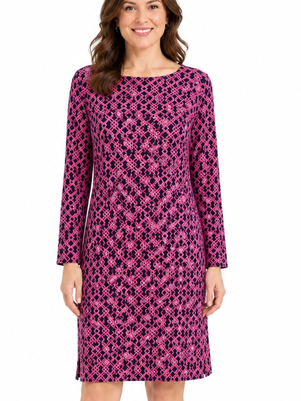 Vineyard Vines Knit Sheath Dress Navy Pink Geometric Trellis Print Preppy Sz XL